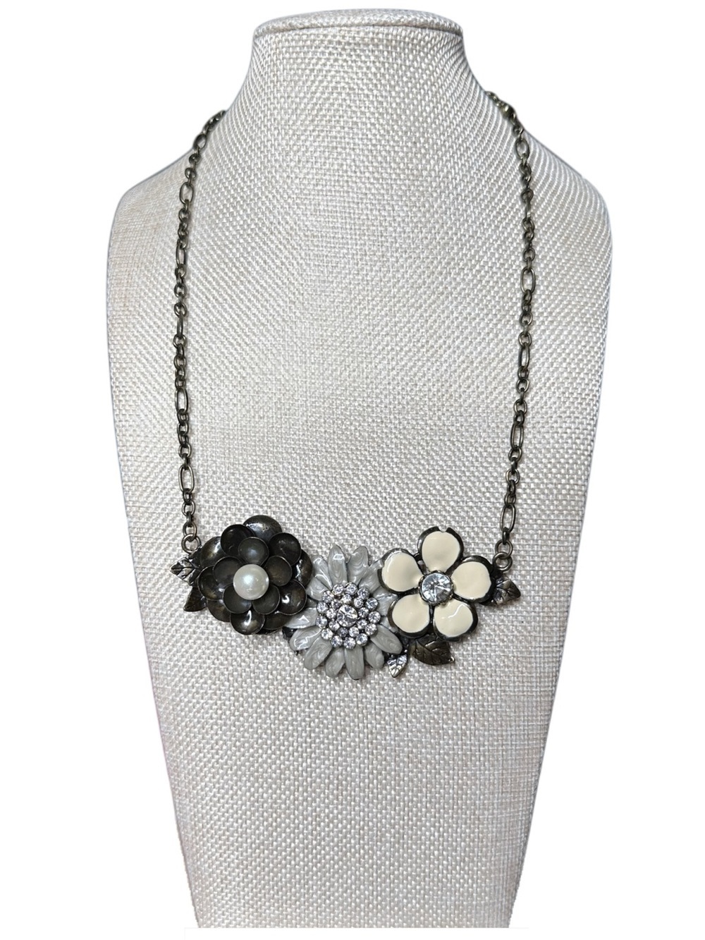 Floral Cluster Statement Necklace in Cream and Gunmetal